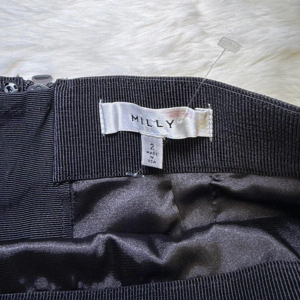 Milly Black Sheer Mesh Striped Pencil Skirt Cotton Blend Midi Size 2 Made in USA